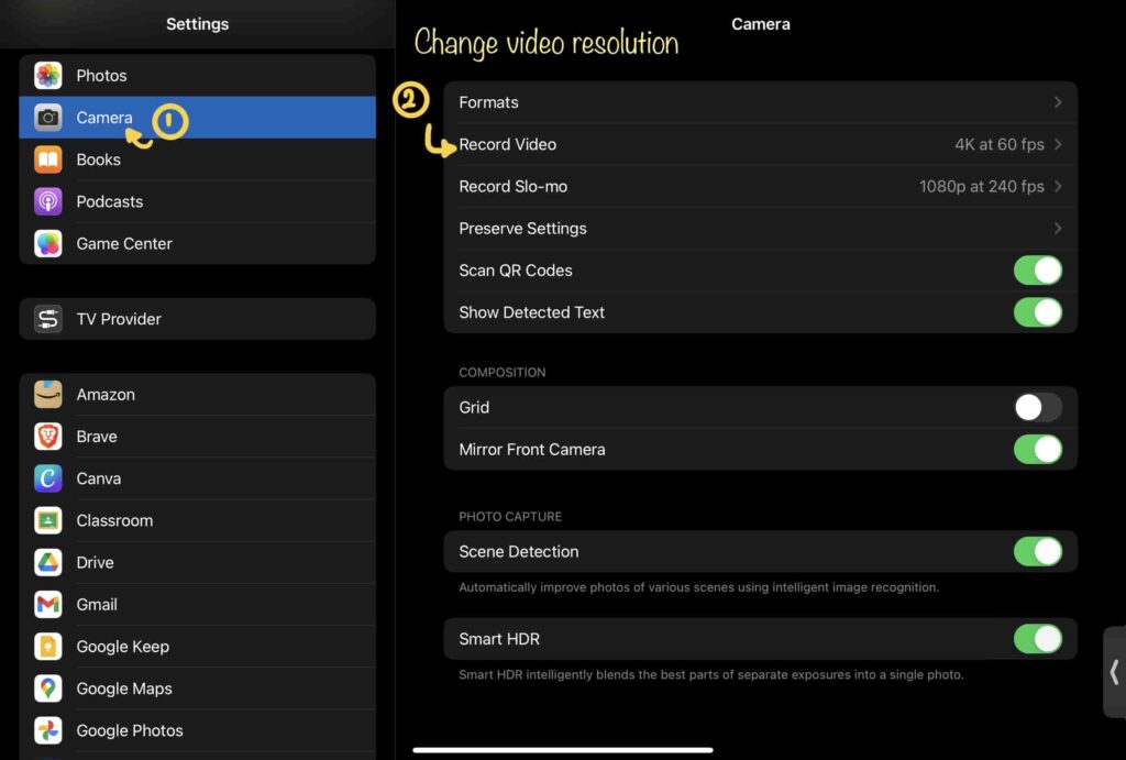 How to change video resolution from the iPad setting?